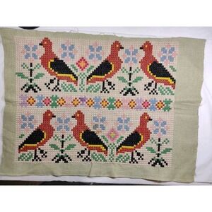 VTG  Victorian Floral Birds Chair Seat Cover Needlepoint Art Tapestry
